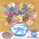 レスリー・セイヤー「Gold Canvas Pink Lace Table」油彩25.4 × 25.4 cm