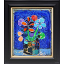 ポール・アイズピリ「ブルーバックの花」油彩