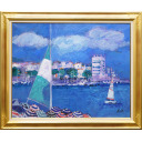 ジル・ゴリチ「海辺のパラソルとヨット」油彩