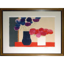 ベルナール・カトラン「赤いテーブルの上の2つの花束」リトグラフ
