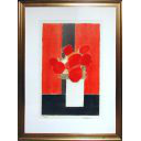 ベルナール・カトラン「黒いテーブルの上の赤い花束」リトグラフ