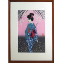宮田雅之「桜花の女」木版画