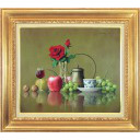 松井敏郎「紅い薔薇のある食卓」油彩