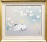 絵画　額付 ( 青緑＋金色の枠)油絵F4-030419　猫と女の子 \"またね～” 絵画 額付 ( 青緑＋金色の枠)油絵F4-030419 猫と女の子 