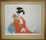 M▽上村松園 版画 シルクスクリーン 額縁 禾山版画工房 若葉 (38610) M▽上村松園 版画 シルクスクリーン 額縁 禾山版画工房 若葉