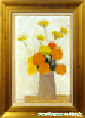 ベルナール・カトラン「陶器の花瓶のインドバラとノコギリ草」油彩 P20号