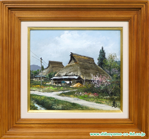 尾崎アナ茅葺きの民家を描く　　　 林喜市郎　色紙　「磐梯山麗」 自然、風景画