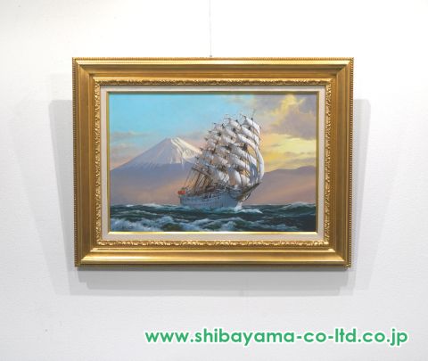 梶田達二帆船の油彩画 金色フレーム付き