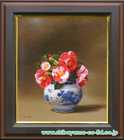 五味悌四郎「椿 岩根絞り(鍋島壺)」油彩 10号 :: 絵画買取・販売