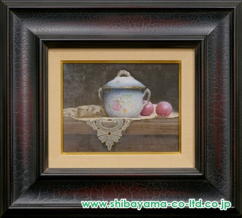 北浩二「花柄のシュガーポットとレース」油彩 0号