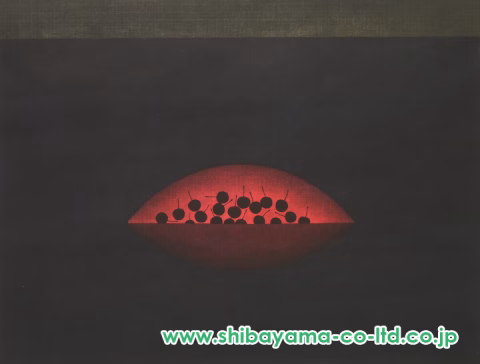 浜口陽三「赤い鉢と黒いさくらんぼ」カラーエッチング