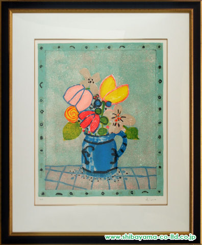 ポール・アイズピリ「青い花瓶の花束」リトグラフ