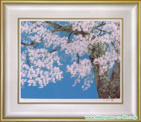 中島千波 櫻花霞富士 風景画 桜 春 富士山 額装 日本画 版画 絵画 真作 