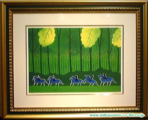 セルジュ・ラシス「五頭の青い馬」リトグラフ