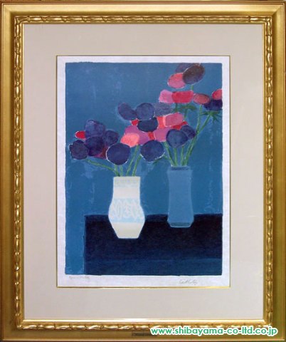 ベルナール・カトラン「青い背景のアネモネの2つの花束 Two Bouqets of Anemones on a blue background」リトグラフ＋和紙刷り