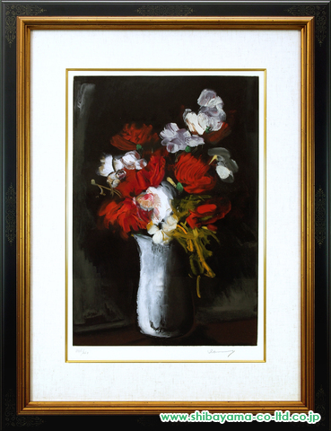 モーリス・ド・ヴラマンク「黒い背景の花瓶の花」ヘリオグラビュール