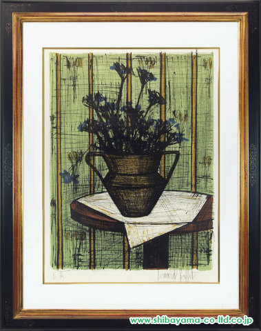 に人気ベルナール・ビュッフェ　　リトグラフ　　「ガレ花瓶の花束」　　限定150部　　1990年製作　　直筆サイン 石版画、リトグラフ
