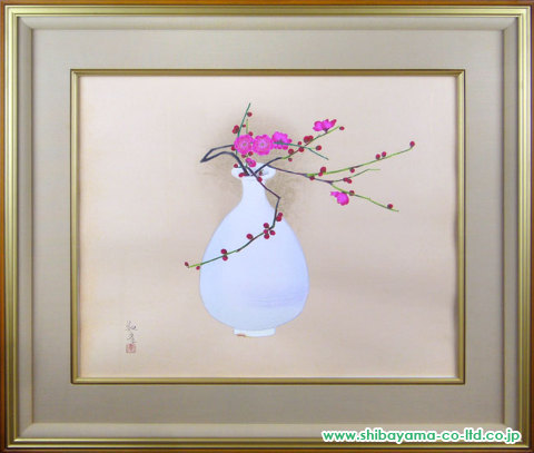 安田靫彦「紅花白瓶」木版画