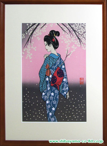 宮田雅之「桜花の女」木版画