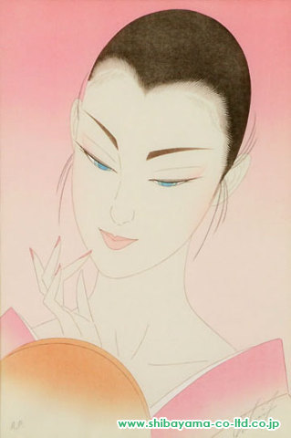鶴田一郎「手鏡(ピンク)」木版画