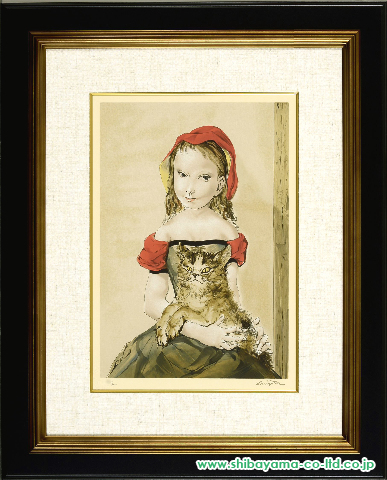 藤田嗣治「猫を抱く少女」シルクスクリーン :: 上野の絵画買取・絵画 