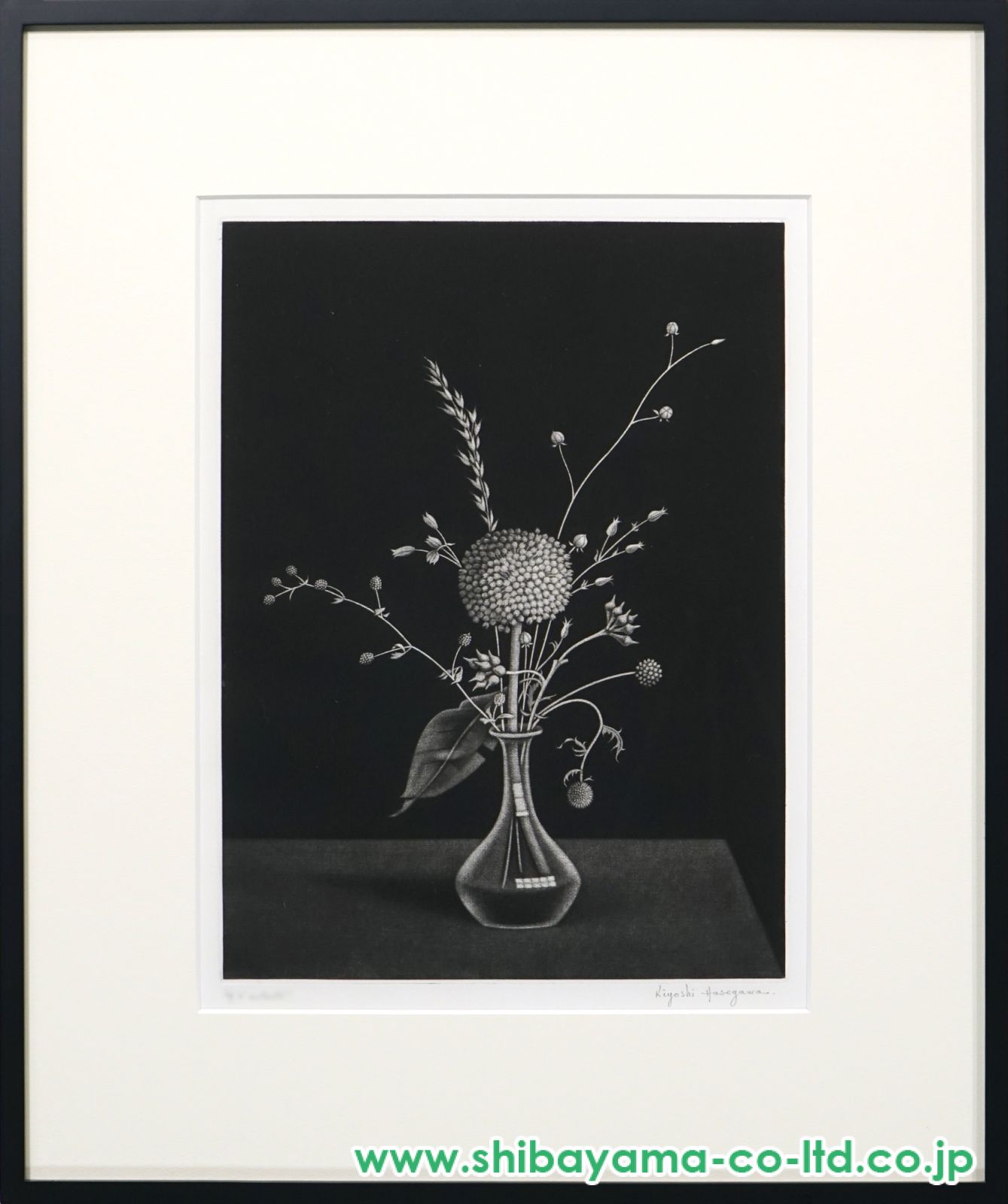 長谷川潔「瓶に挿した種草」マニエル・ノワール :: 絵画買取