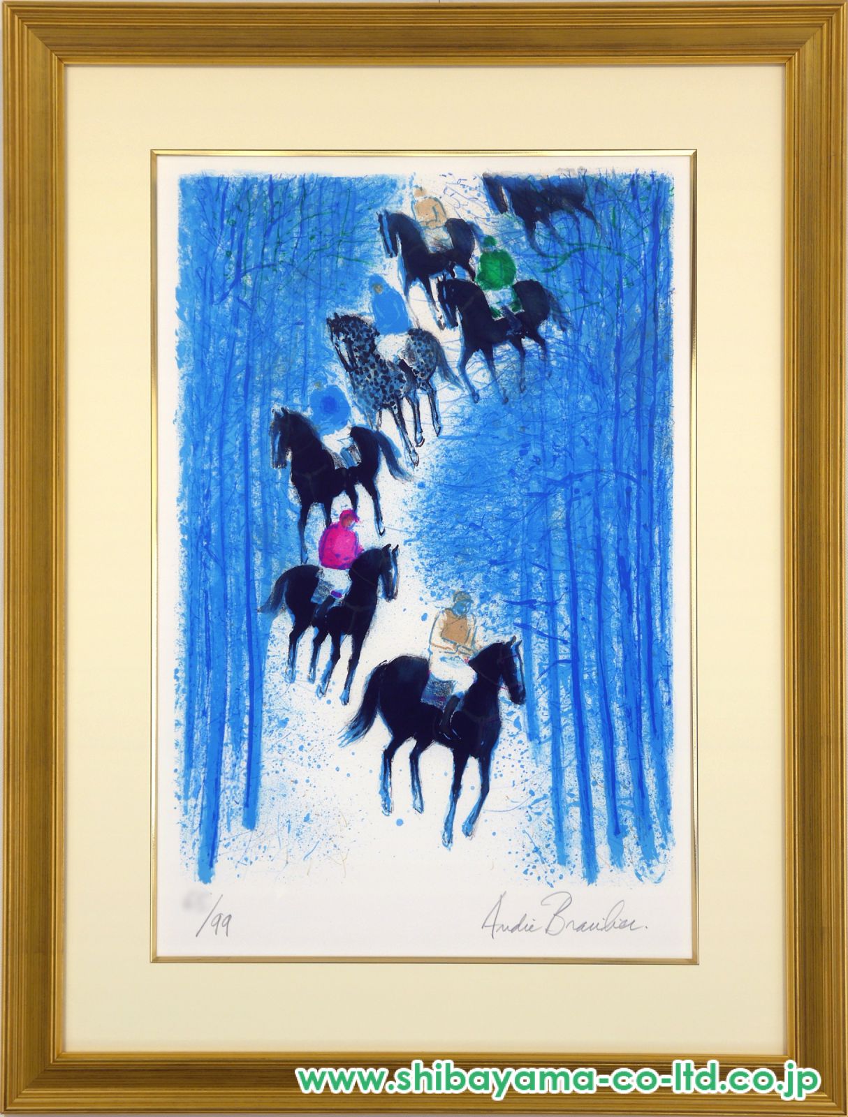 絵画　競馬　馬　ブラジリエ額装リトグラフ アンドレ ブラジリエ（Andre Brasilier）「冬の馬」リトグラフ