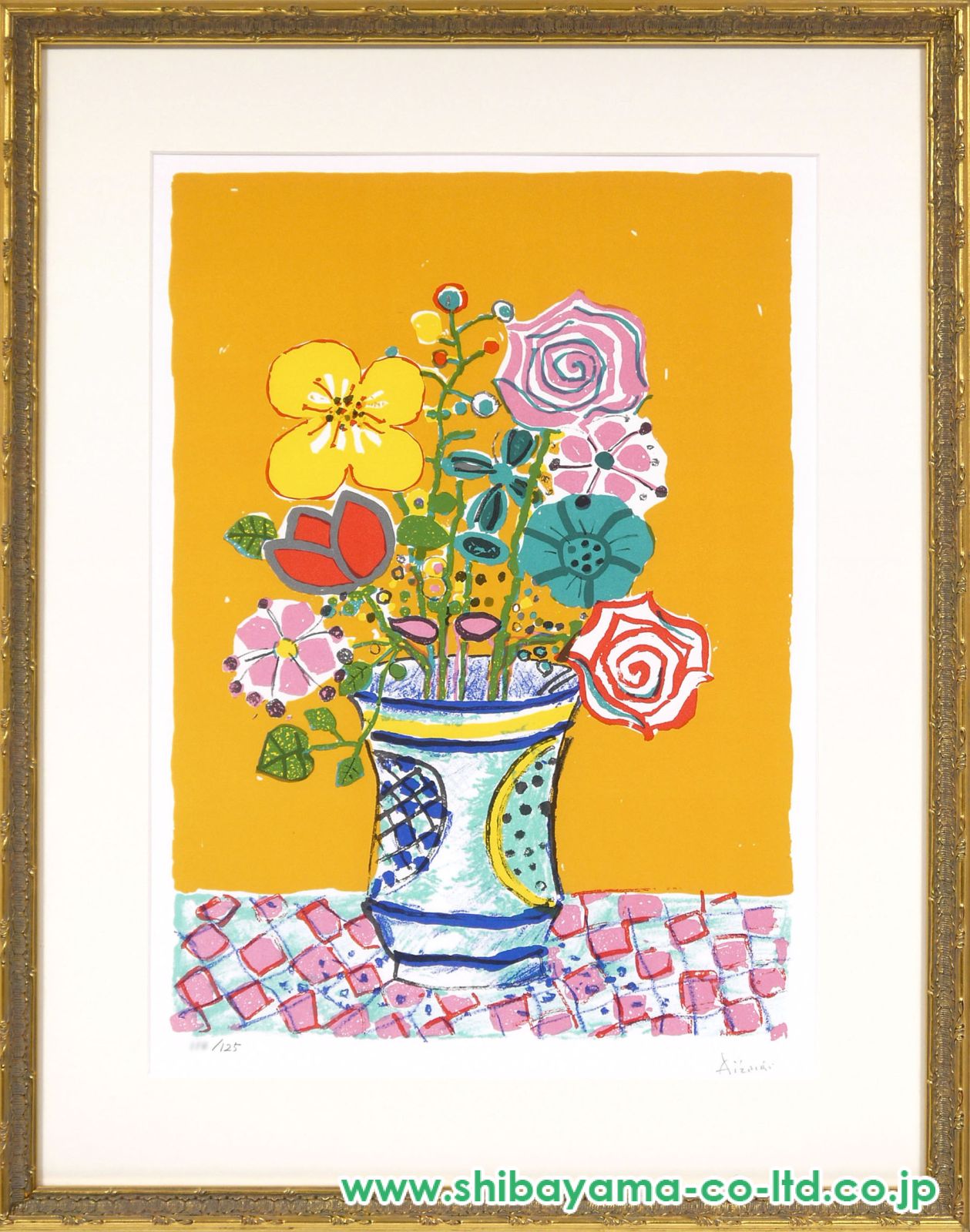 ポール・アイズピリ “ピンクのバラとオレンジ色のチューリップ“ リトグラフ 絵画 ポール・アイズピリ “ピンクのバラとオレンジ色のチューリップ