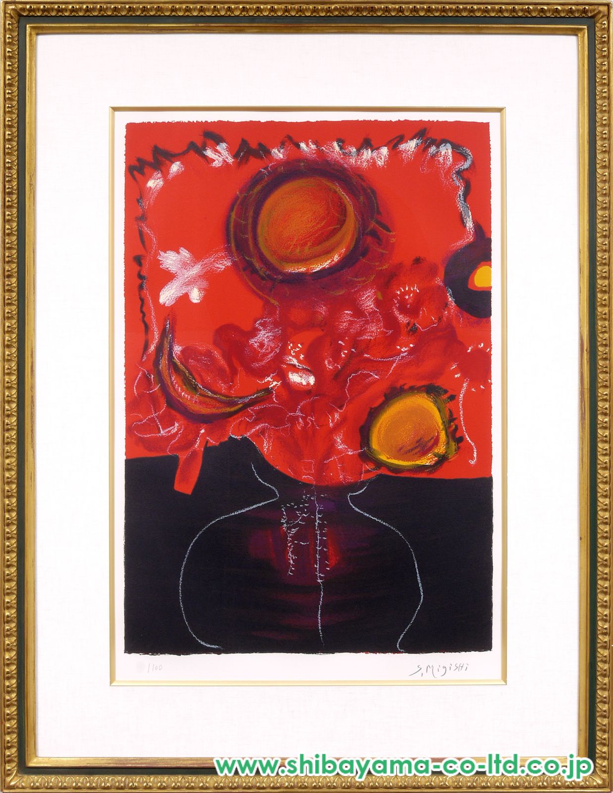 貝殻と赤い花のリトグラフ 三岸節子「花 I (赤)」リトグラフ :: 絵画買取・販売 - シバヤマ