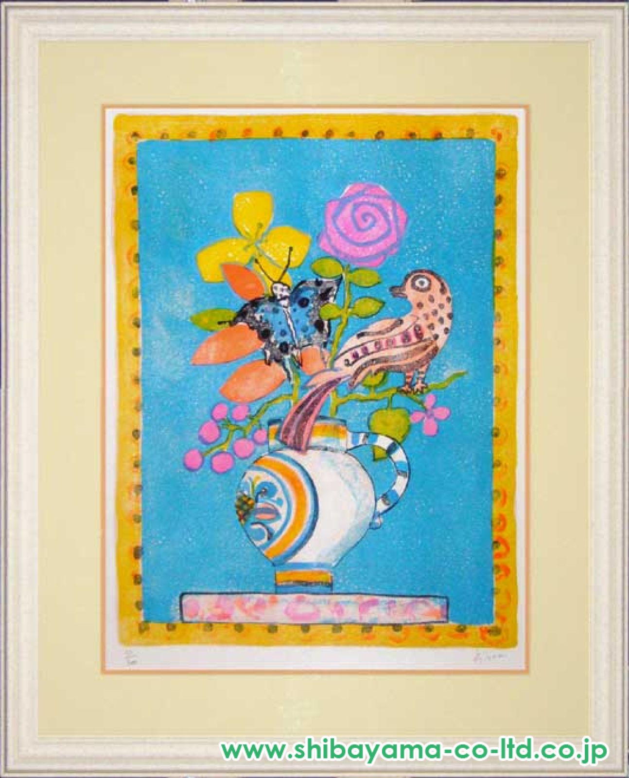 ポール・アイズピリ「ブルーバックの花と鳥」リトグラフ :: 絵画