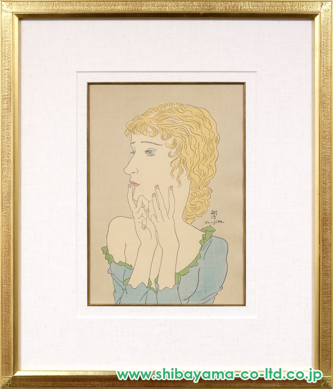 硝子絵画 女性像 木製フレーム付き 藤田嗣治「ブロンドの女」木版画 :: 絵画買取・販売 - シバヤマ