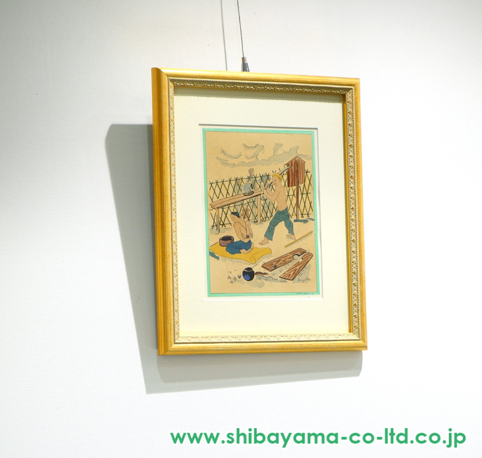 原画　水辺彩画　藤田嗣治印あり　保証書なし 藤田嗣治 リトグラフ 額装 「 猫を抱く少女 」 レオナールフジタ