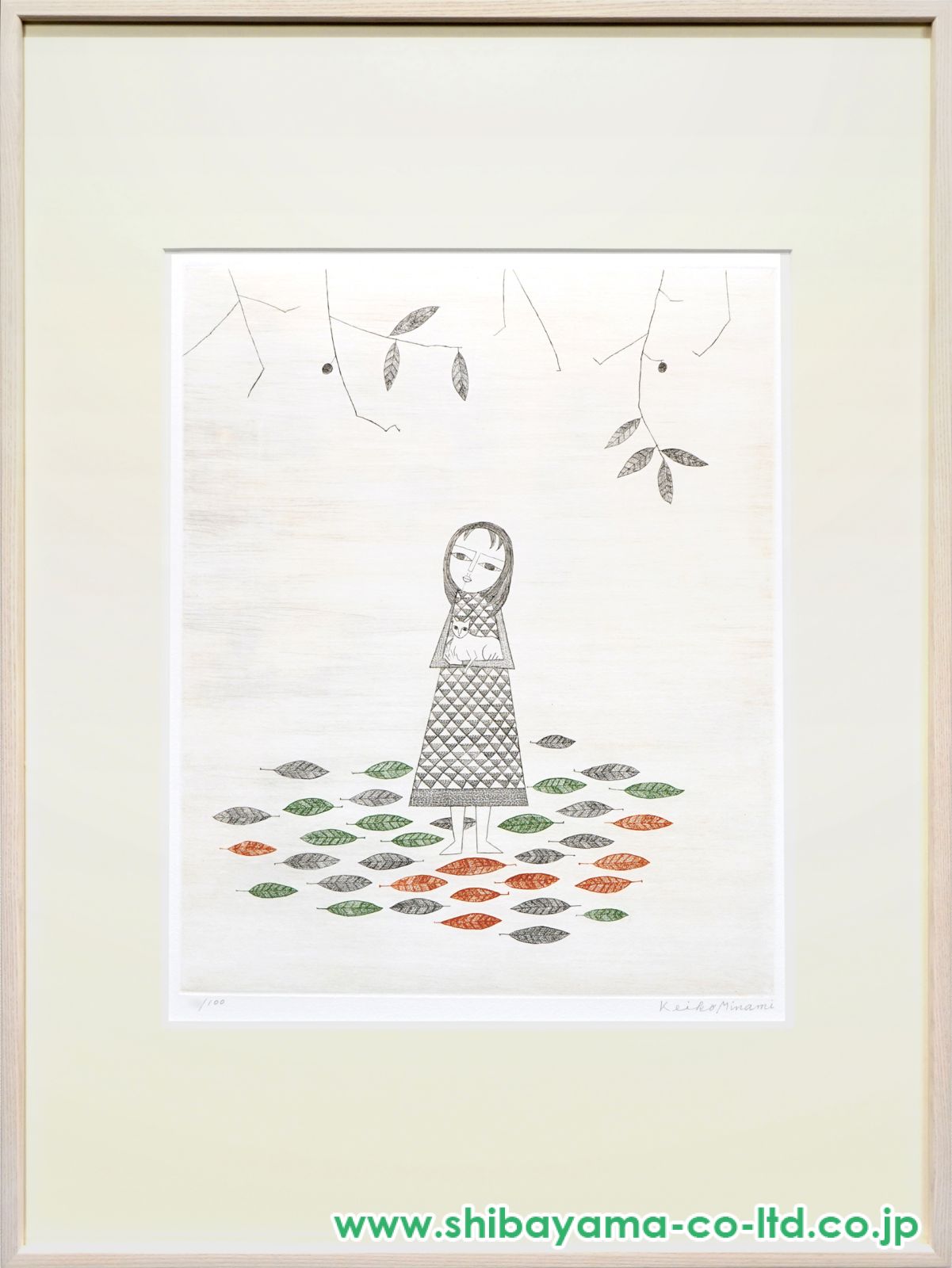 南桂子　少女と鳥　1991年　銅版画　HC版　直筆サイン　額付　真作 南桂子 少女と鳥 1991年 銅版画 HC版 直筆サイン 額付 真作