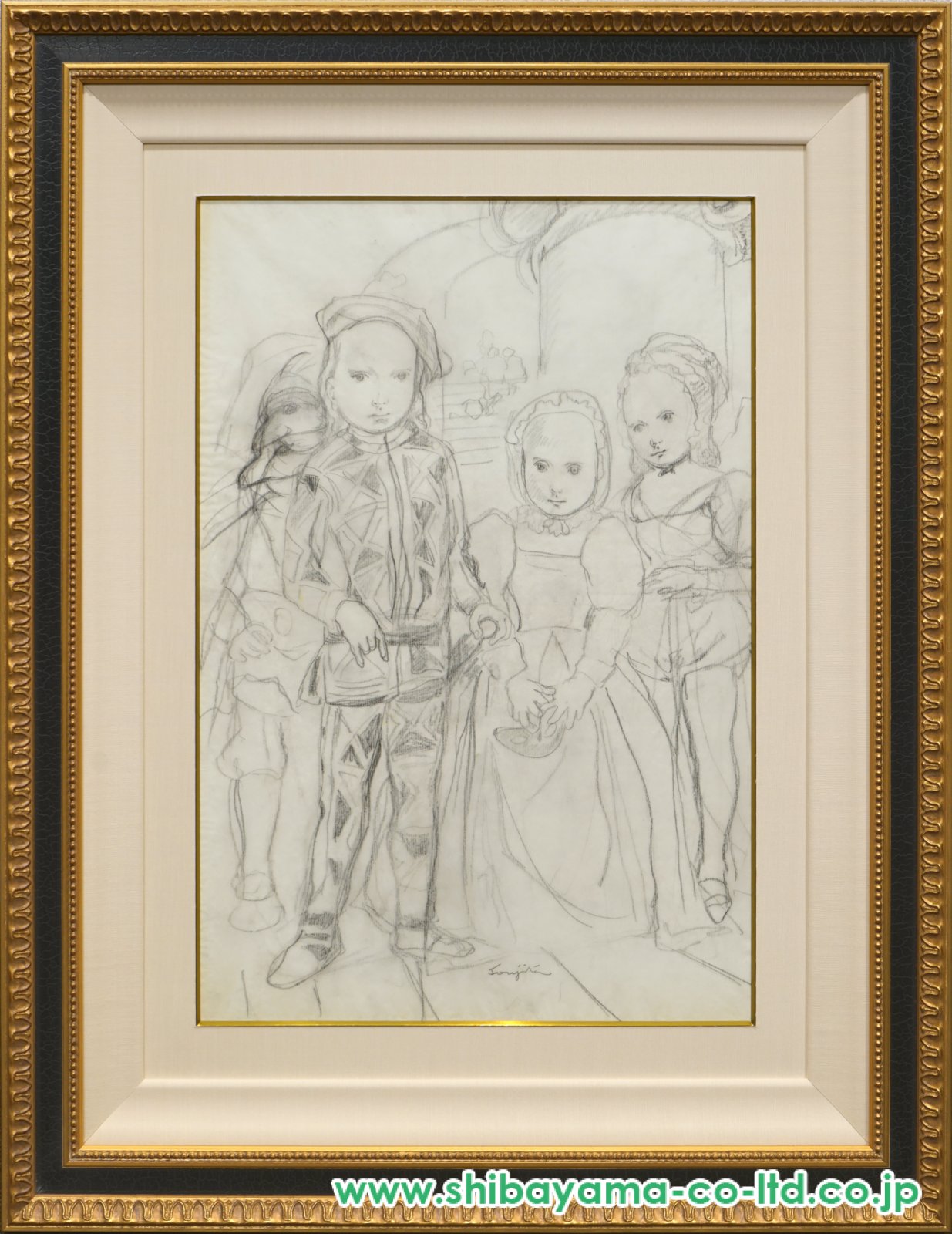 藤田嗣治「アルルカンとコロンビーヌ」鉛筆デッサン :: 絵画買取・販売