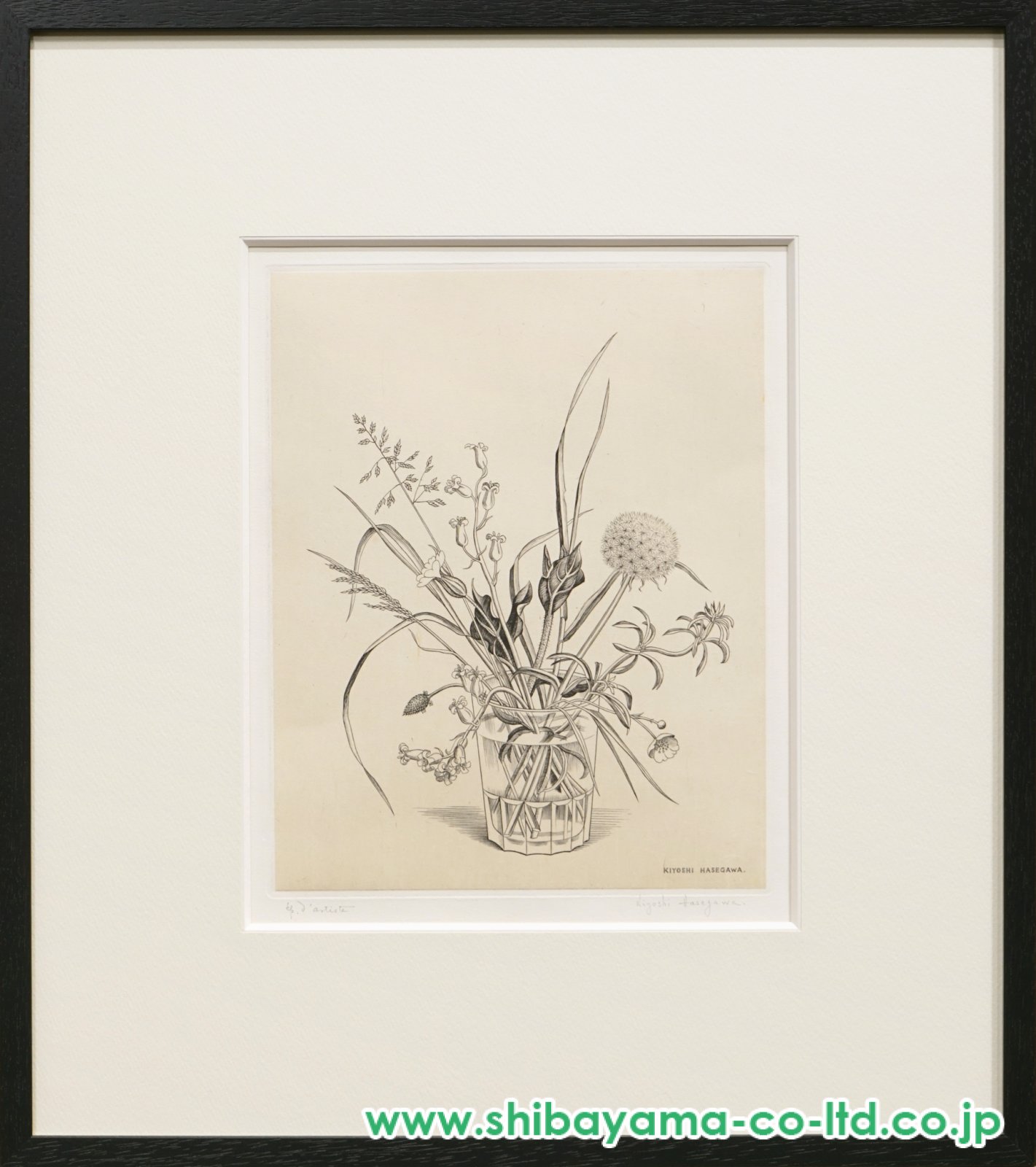 長谷川潔「コップに挿した野花（春）」ビュラン 銅版画 サイン入り 工房エンボス有 コップに挿した枯れた野花 文化遺産オンライン