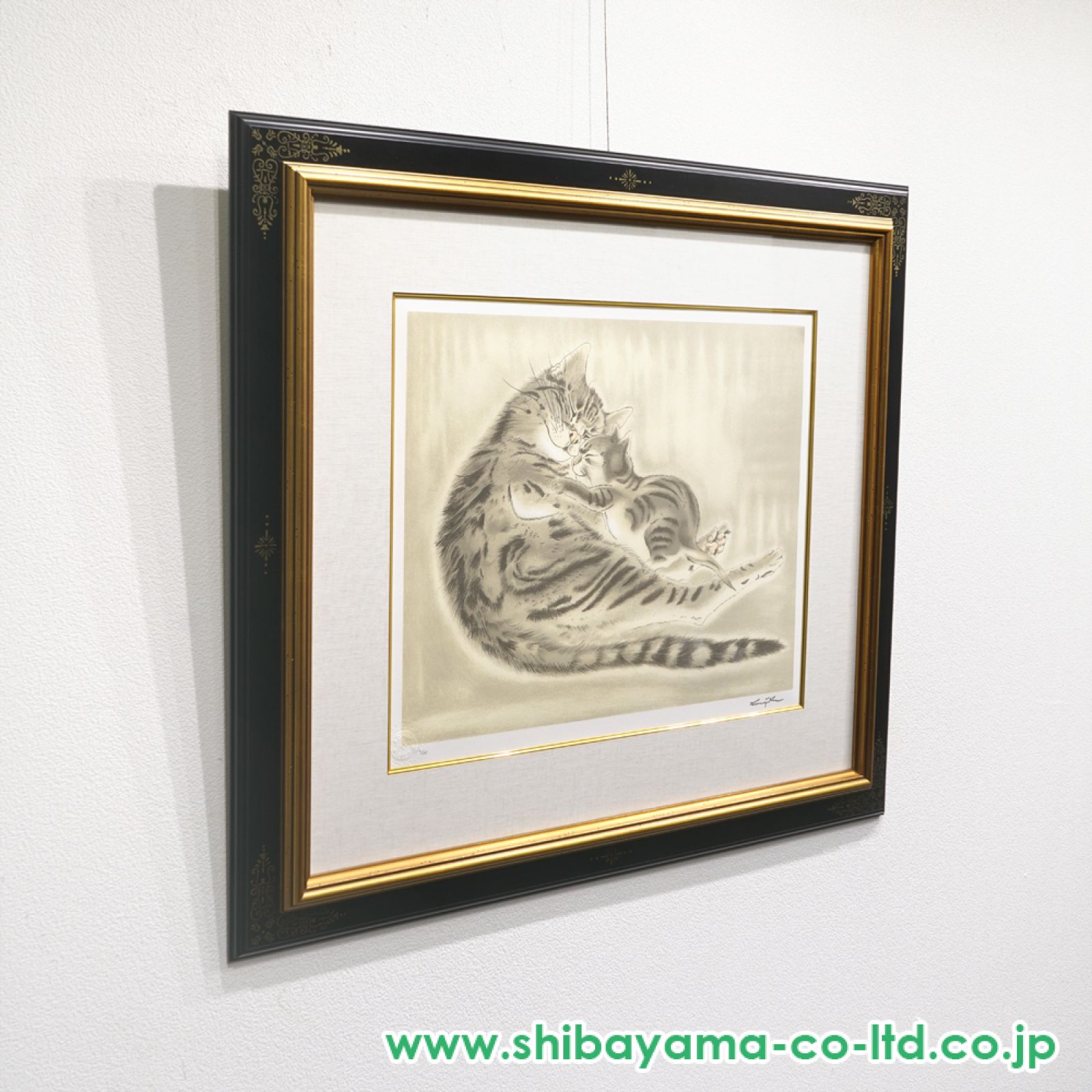 ■真作■藤田嗣治「親子猫」カラーリトグラフ　スタンプサイン入　高級額縁　証明書付 □真作□藤田嗣治「親子猫」カラーリトグラフ スタンプサイン入