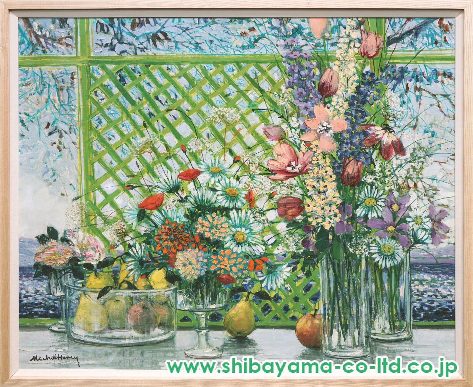 【真作】絵画　油彩SM　力強き花束　厚塗り表現　モダン静物画　X169 ミッシェル・アンリ「卓上の静物と花束」油彩 40号 :: 絵画買取・販売