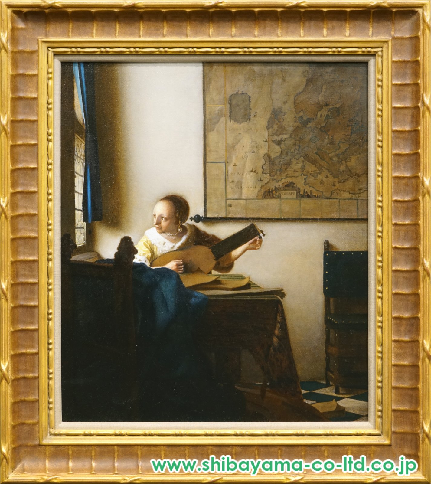 クラシック調 絵画 額装 64×84cm 正田徳衛「リュートを調弦する女(フェルメール模写)」油彩 10号