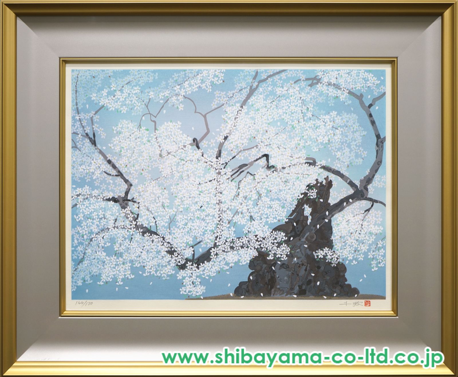 中島千波　「山高神代桜」　岩絵具方式複製画　作品証明シール有り 中島千波 「山高神代桜」 岩絵具方式複製画 作品証明シール有り