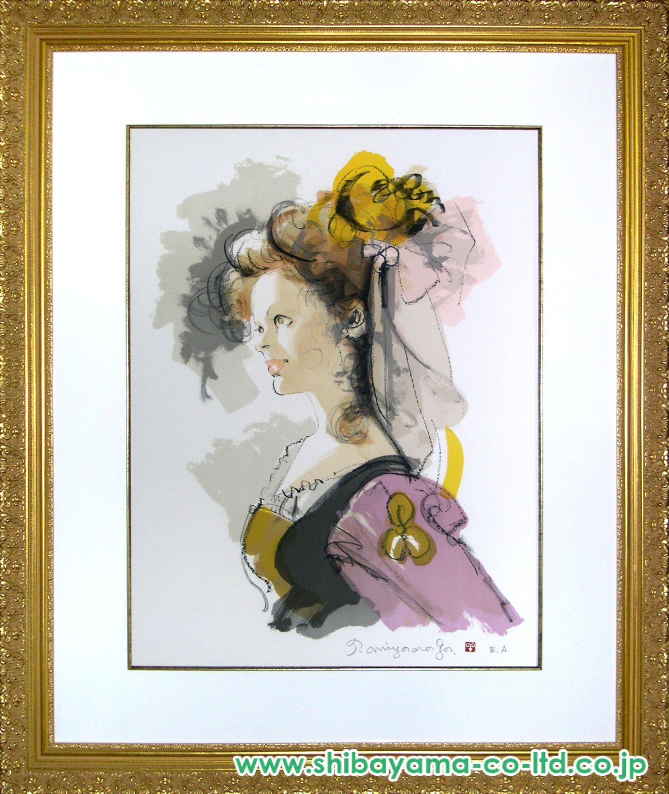 宮永岳彦作　２６２／２８０ リトグラフ 絵画 作品 保護用箱付き 宮永岳彦「紫衣、黄色いリボン」リトグラフ :: 絵画買取・販売
