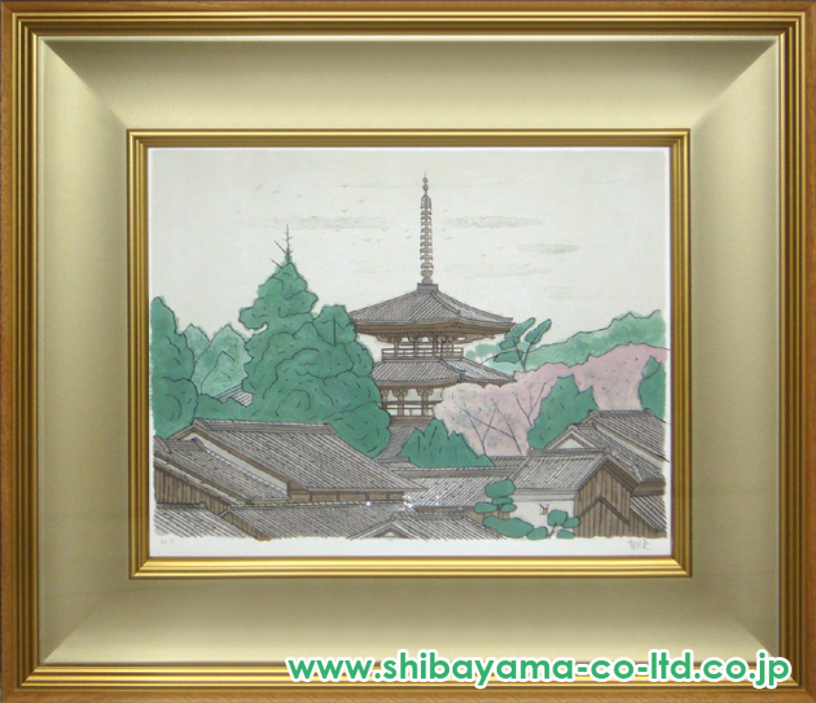 【額装品】【新作版画】【作家直筆サイン】平山郁夫　斑鳩町の里　版画　リトグラフ 4876_52ba902206032510124791.jpg