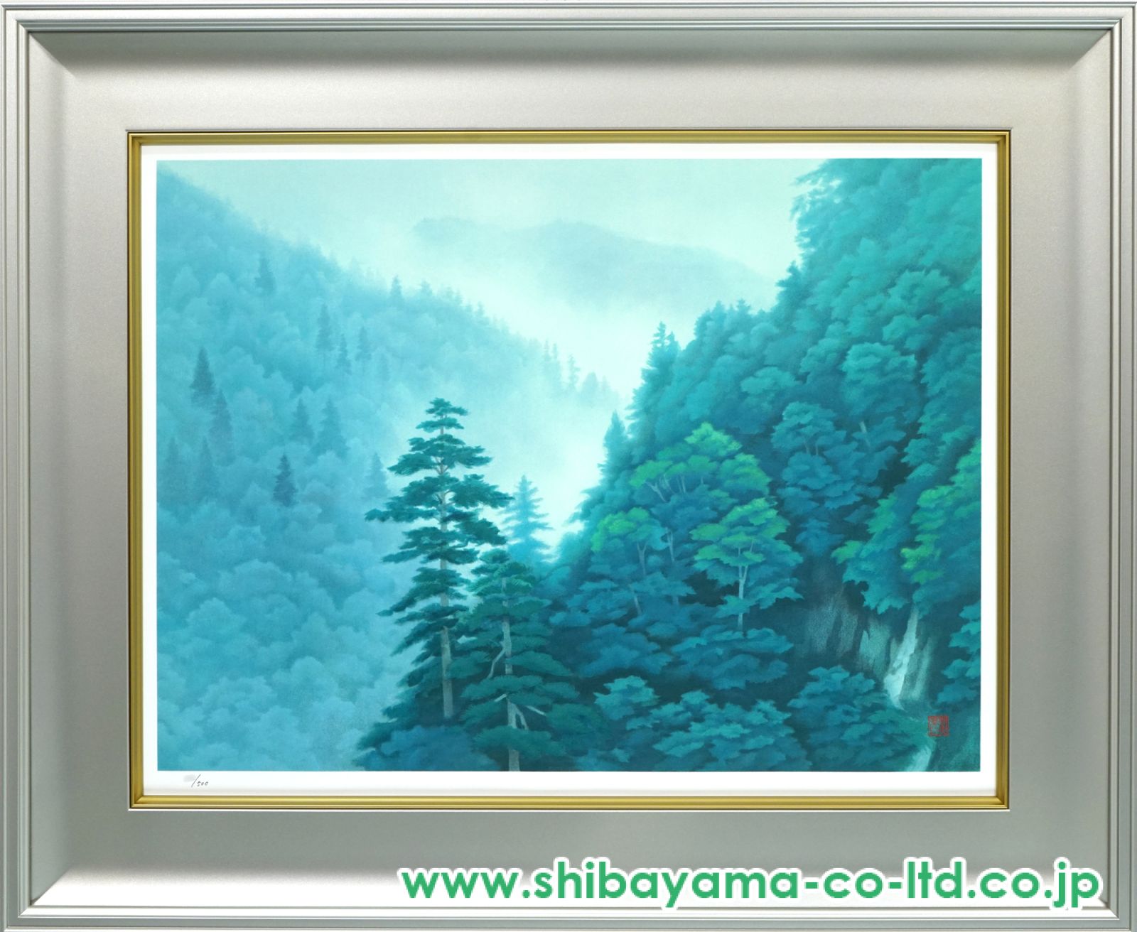 【真作】絵画　染筆の美しい日本画額装　静寂の山峡　風景画　幽谷の塔　V11 真作】絵画 染筆の美しい日本画額装 静寂の山峡 風景画 幽谷の塔 V11