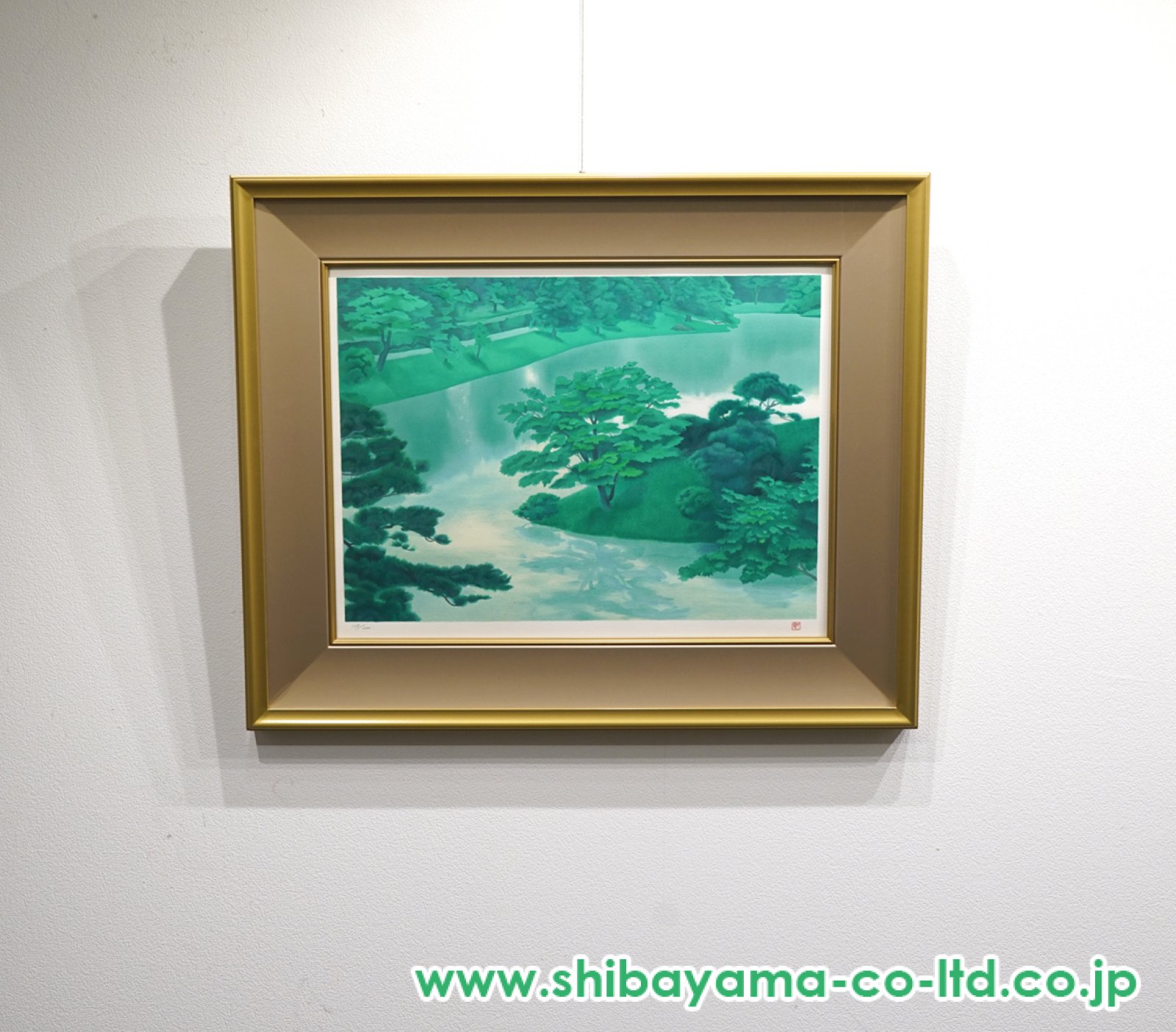 【値下げ】 風景画　油絵　東山魁夷　河辺の緑　F8　額付き　手描き　肉筆 値下げ】 風景画 油絵 東山魁夷 河辺の緑 F8 額付き 手描き 肉筆