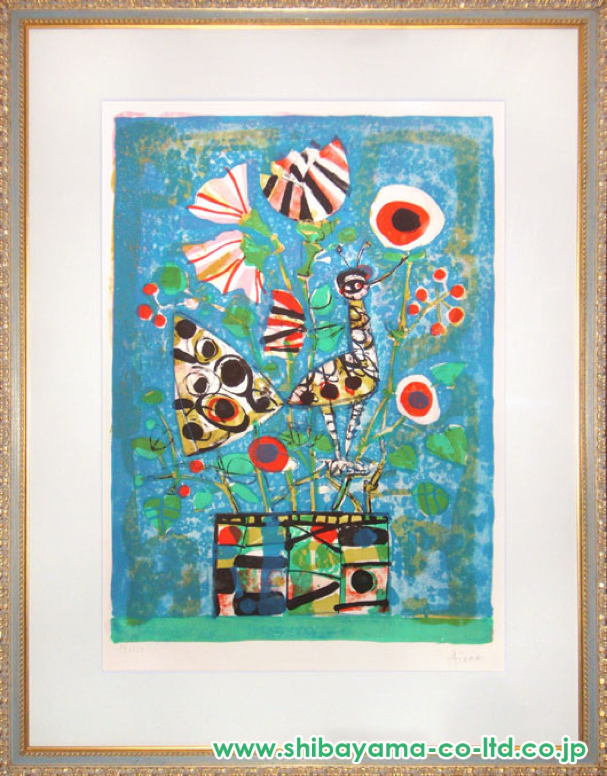 アイズピリ　リトグラフ　サイン有り　花　絵画 Amazon.co.jp: アイズピリ「青い背景の花」リトグラフ 額付き