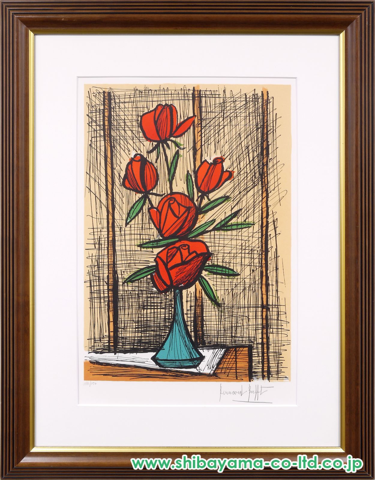ベルナール・ビュッフェ「5本の赤い薔薇」リトグラフ :: 絵画