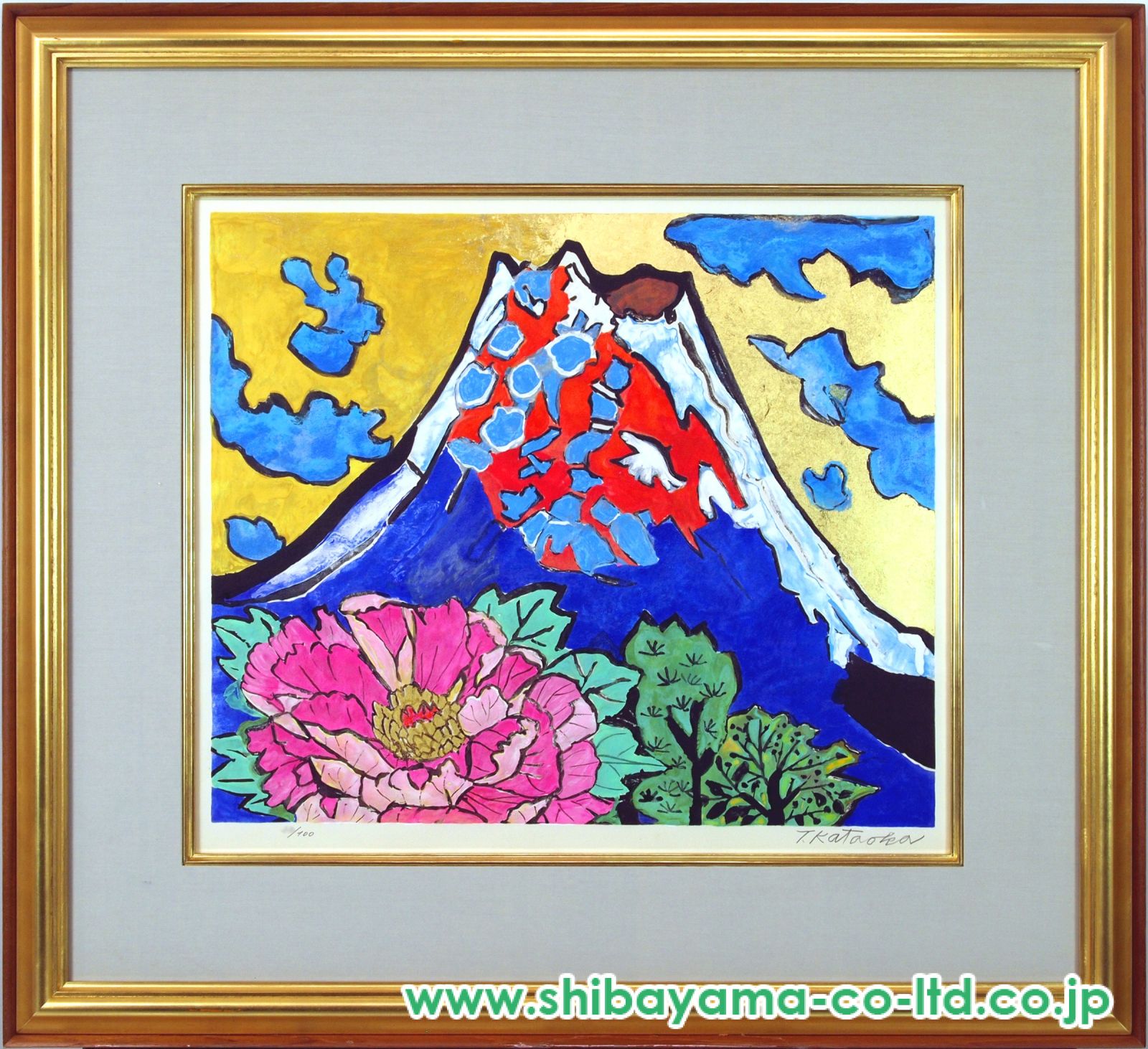 片岡球子「富士に献花~農鳥の富士に花々~」油彩 F4号 肉筆 サインあり 東山魁夷・平山郁夫・片岡球子等、日本画、版画の通販は、絵画