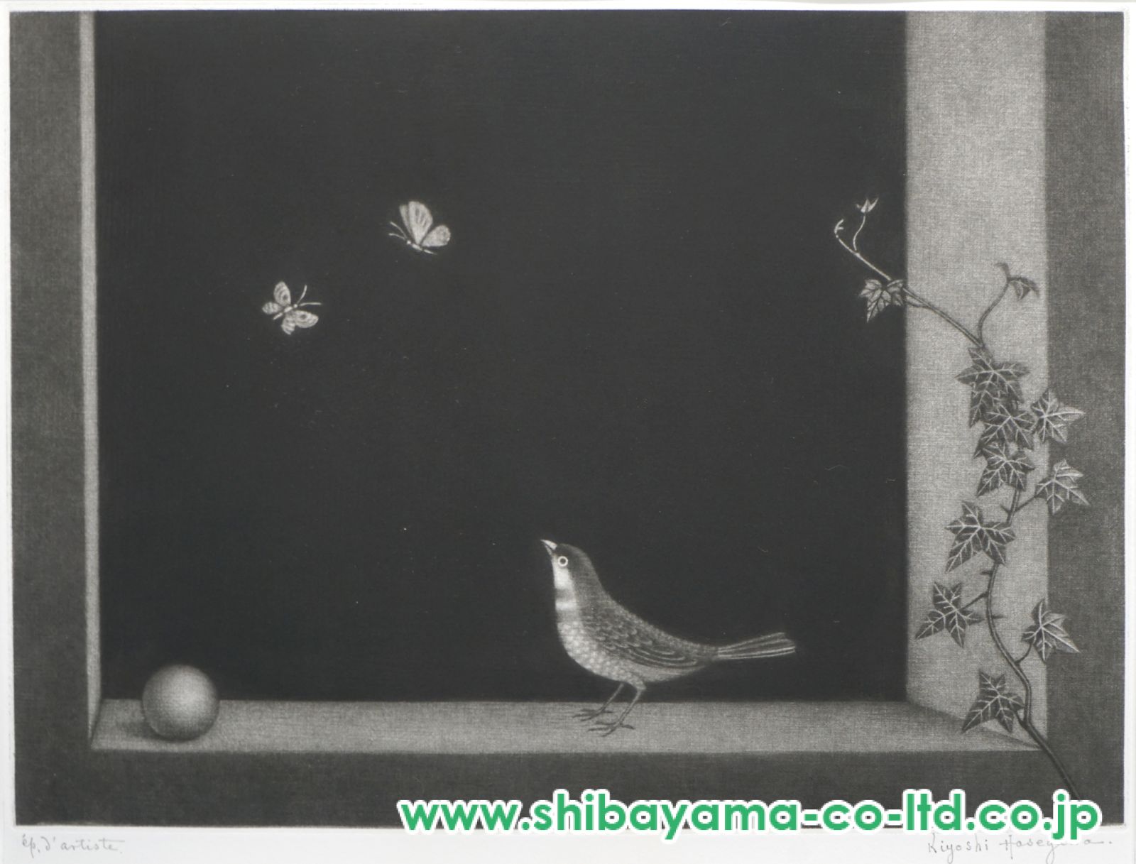 【真作保証】長谷川潔「開かれた窓と小鳩」ビュラン 直筆サイン 額装 版画 絵画 長谷川潔 「開かれた窓と小鳩」 | | アトリエ・ブランカ