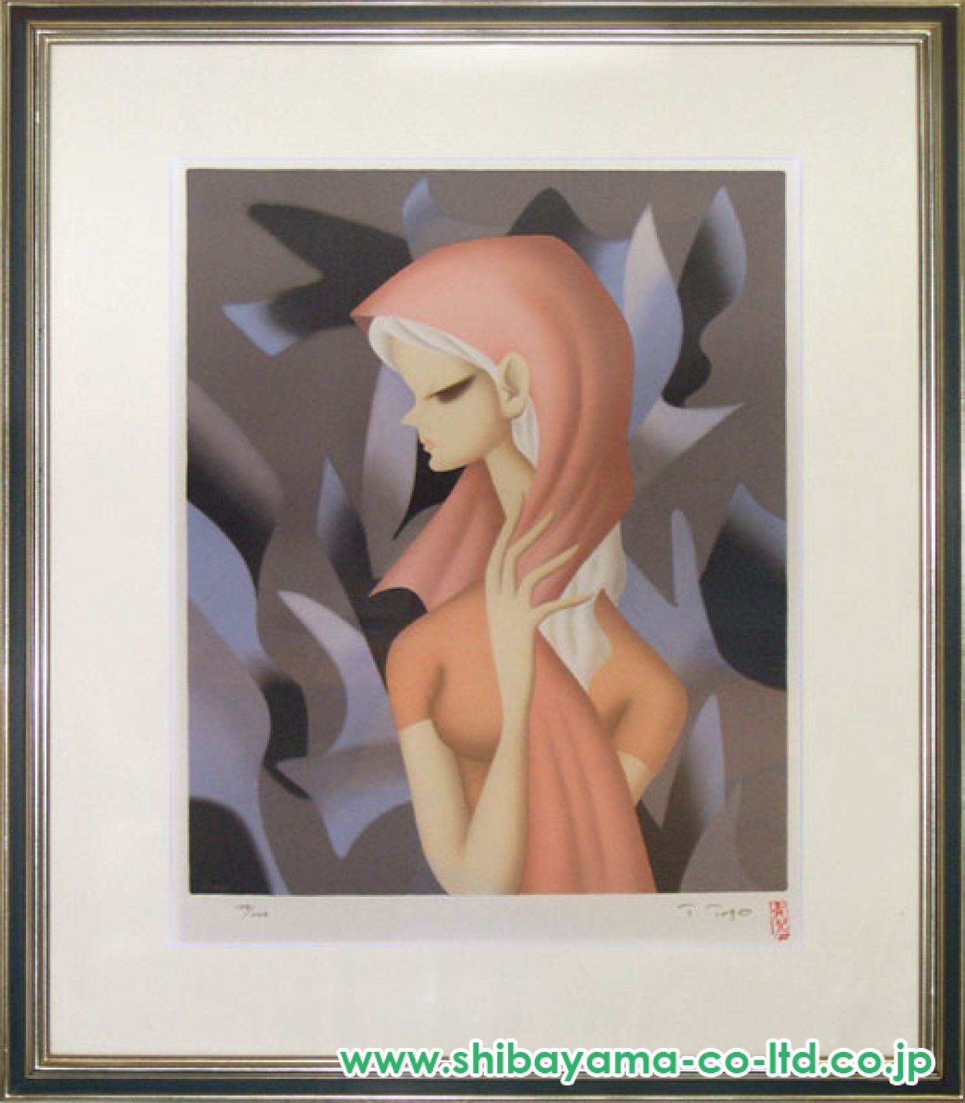 東郷青児「赤いスカーフの女」リトグラフ :: 絵画買取・販売